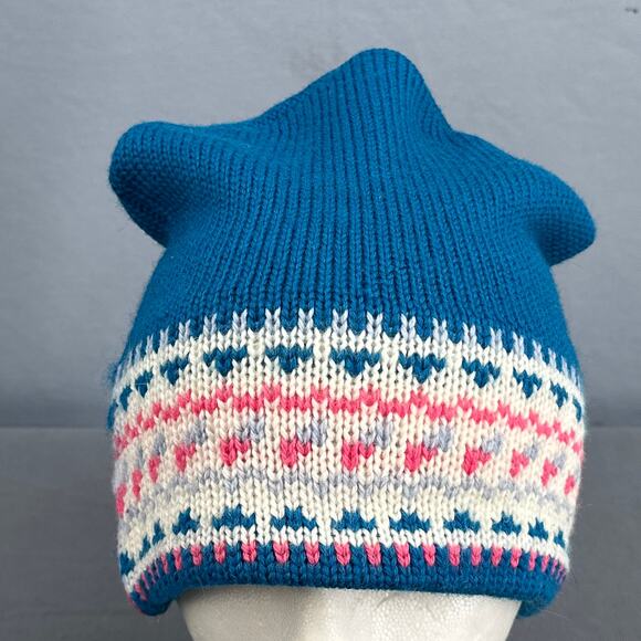 VTG MadHatter Wool Knit Beanie Hat Blue Pink Fair Isle Heart Canada Retro 80s OS - Picture 5 of 16